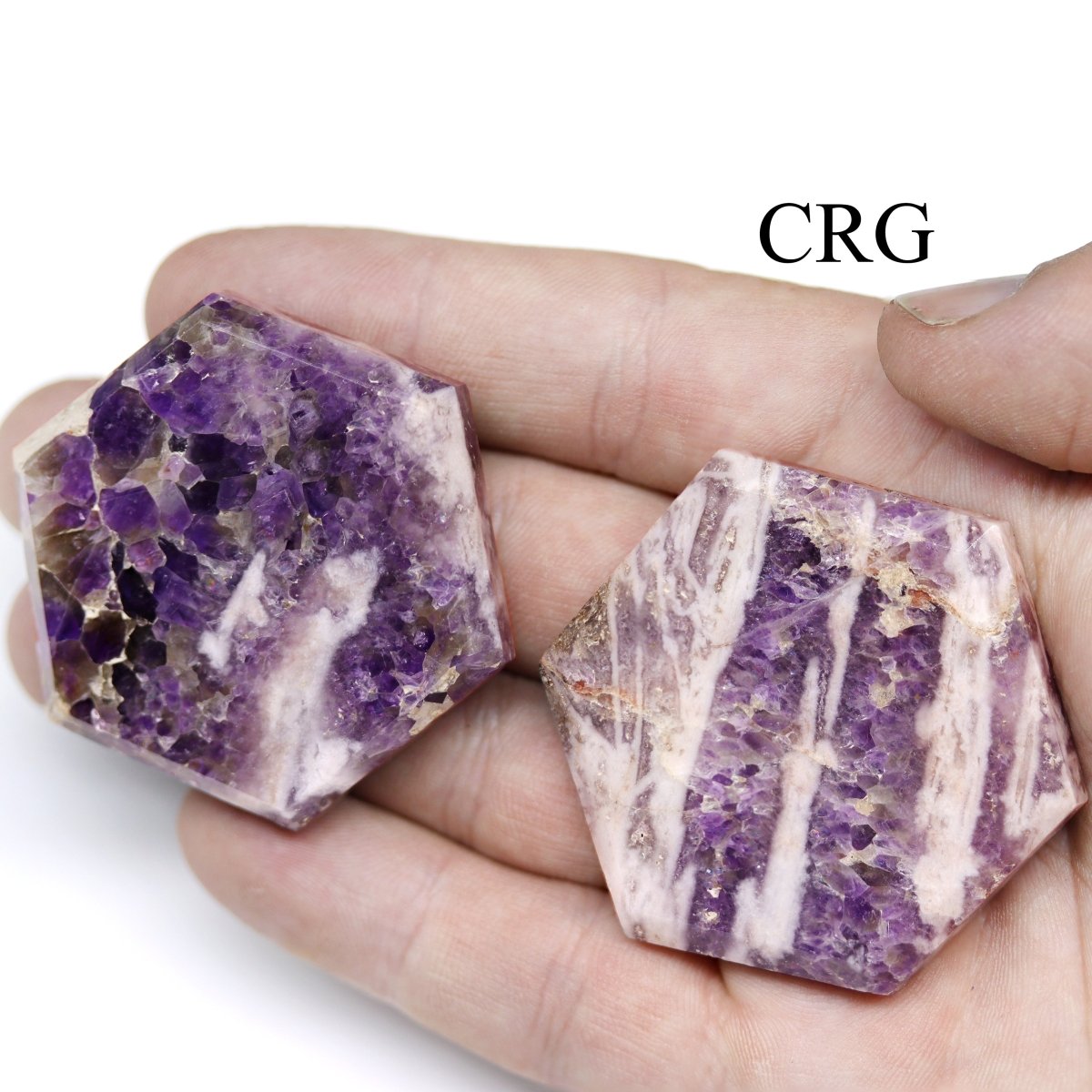 SET OF 3 - Flat Amethyst Gemstone Hexagon Palm Stones / 2" AVG