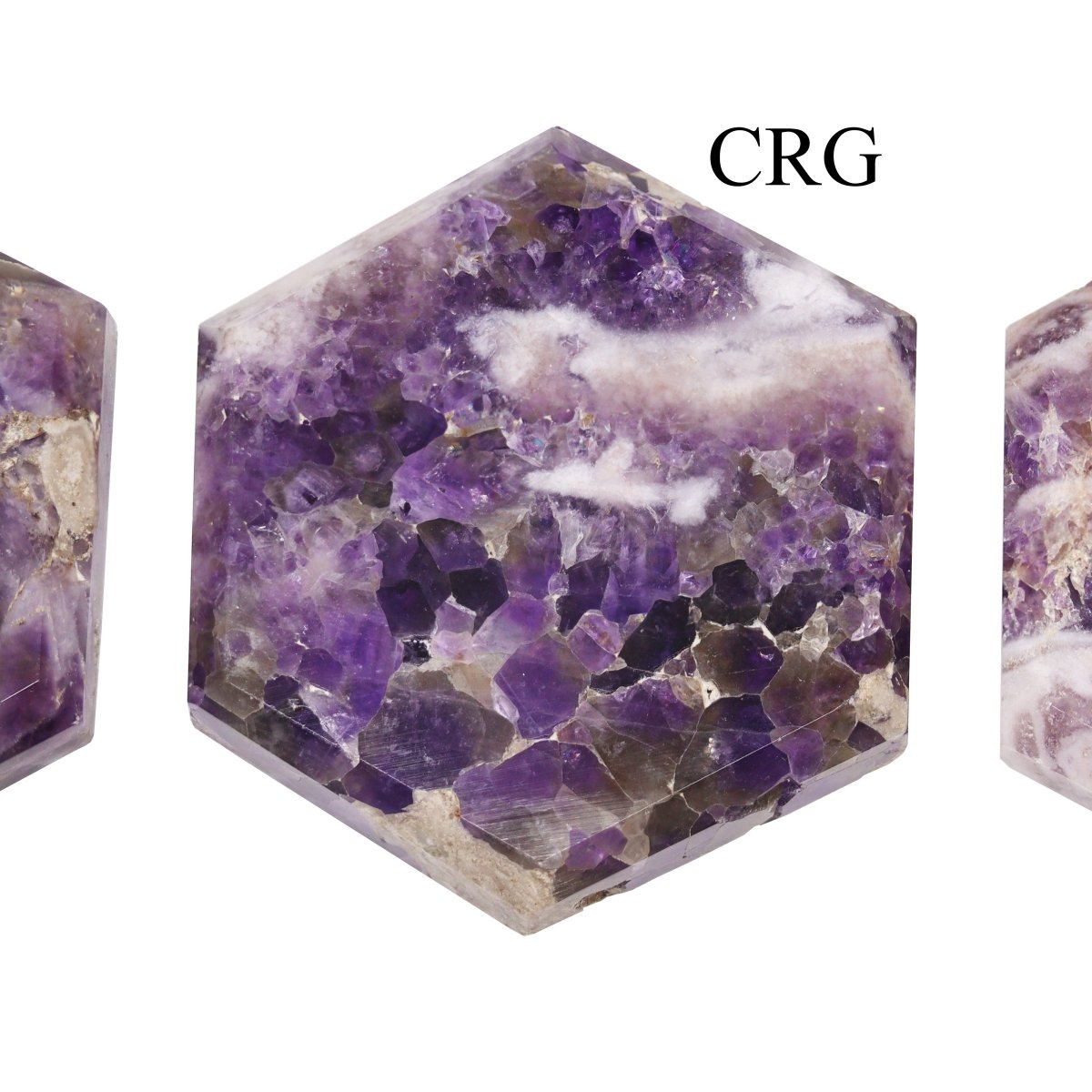 SET OF 3 - Flat Amethyst Gemstone Hexagon Palm Stones / 2" AVG