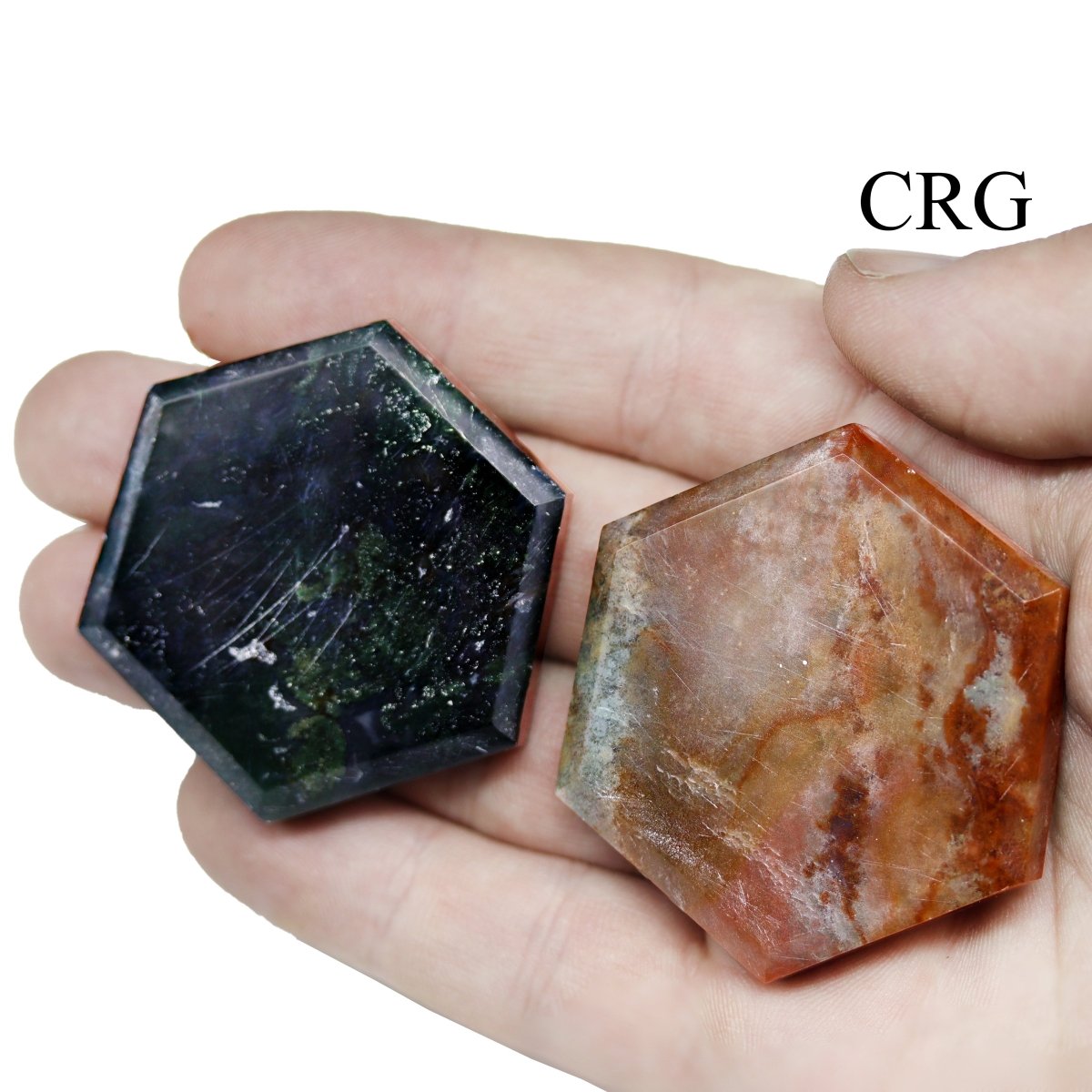 SET OF 3 - Flat Bloodstone Gemstone Hexagon Palm Stones / 2" AVG