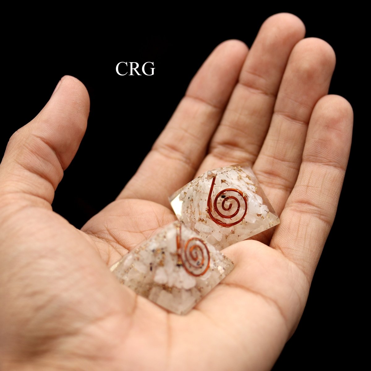 SET OF 3 - Rainbow Moonstone Chip Orgonite Pyramid / 1" AVG
