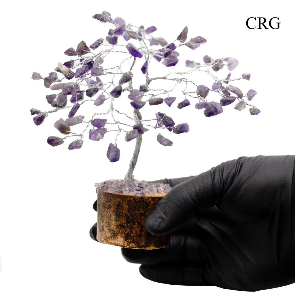 SET OF 4 -Amethyst - 100 Gemstone Chip Tree w/ Wood Base - Silver Wire