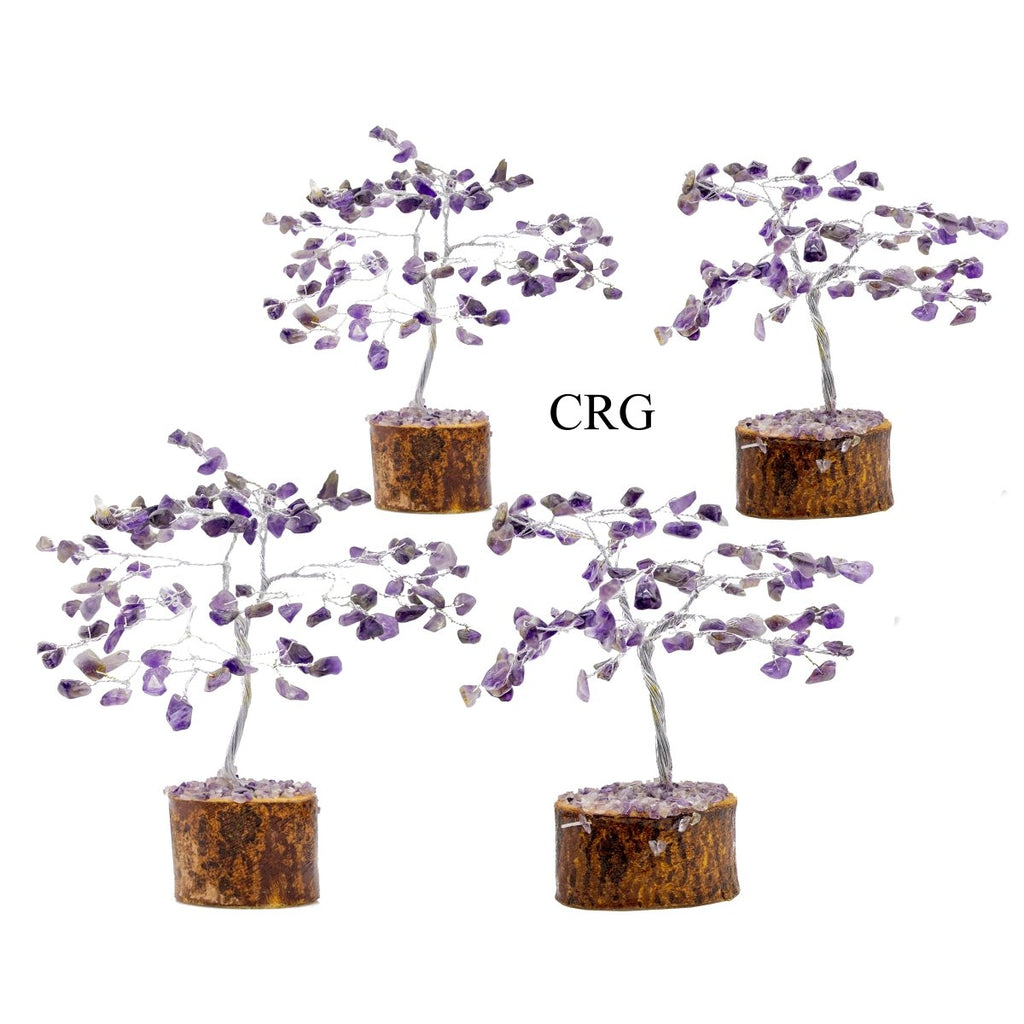 SET OF 4 -Amethyst - 100 Gemstone Chip Tree w/ Wood Base - Silver Wire