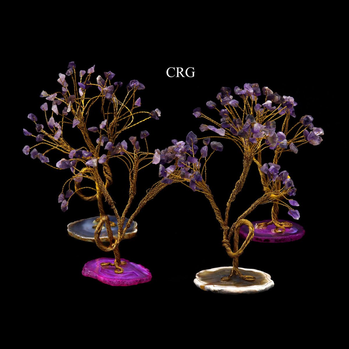 SET OF 4 - Amethyst Chip Tree with Agate Slice Base and Gold Wire / 7-8" AVG