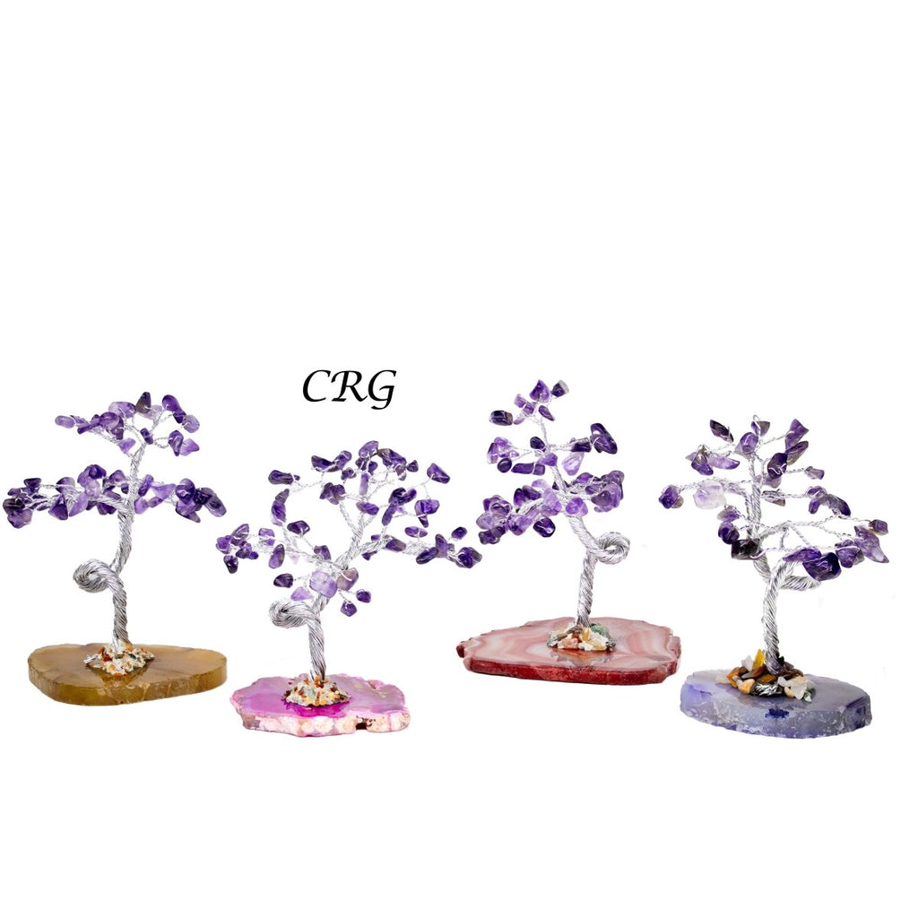 SET OF 4 - Amethyst Chip Tree with Agate Slice Base and Silver Wire / 7-8" AVG