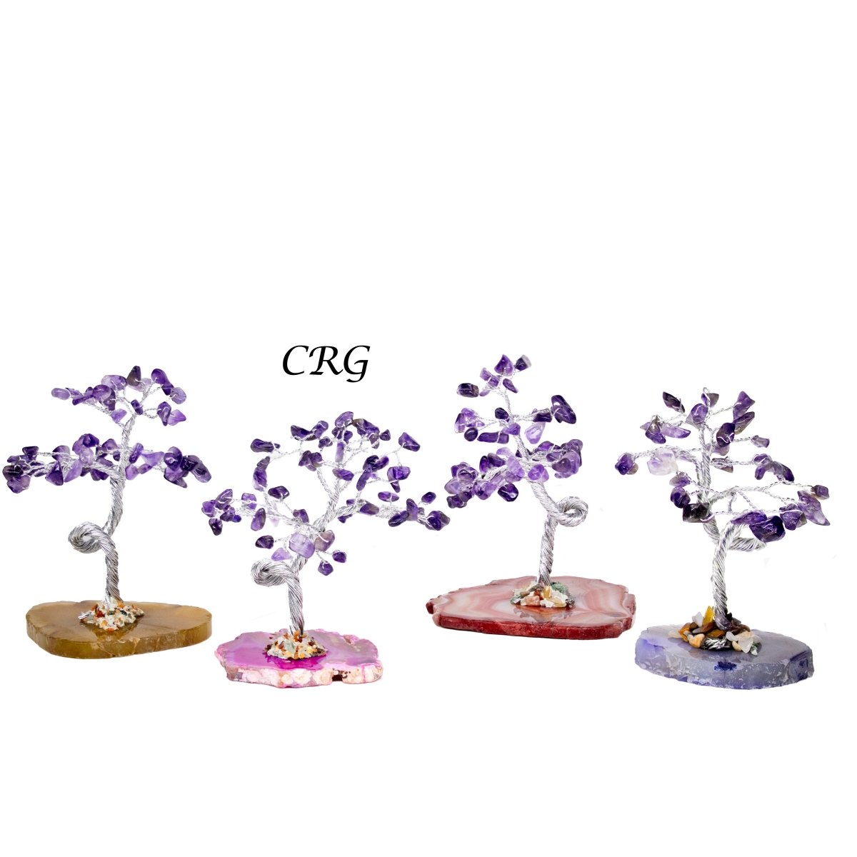 SET OF 4 - Amethyst Chip Tree with Agate Slice Base and Silver Wire / 7-8" AVG