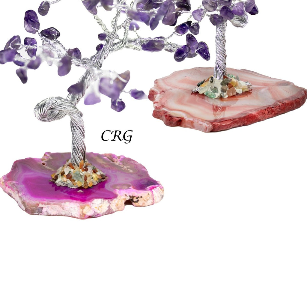 SET OF 4 - Amethyst Chip Tree with Agate Slice Base and Silver Wire / 7-8" AVG