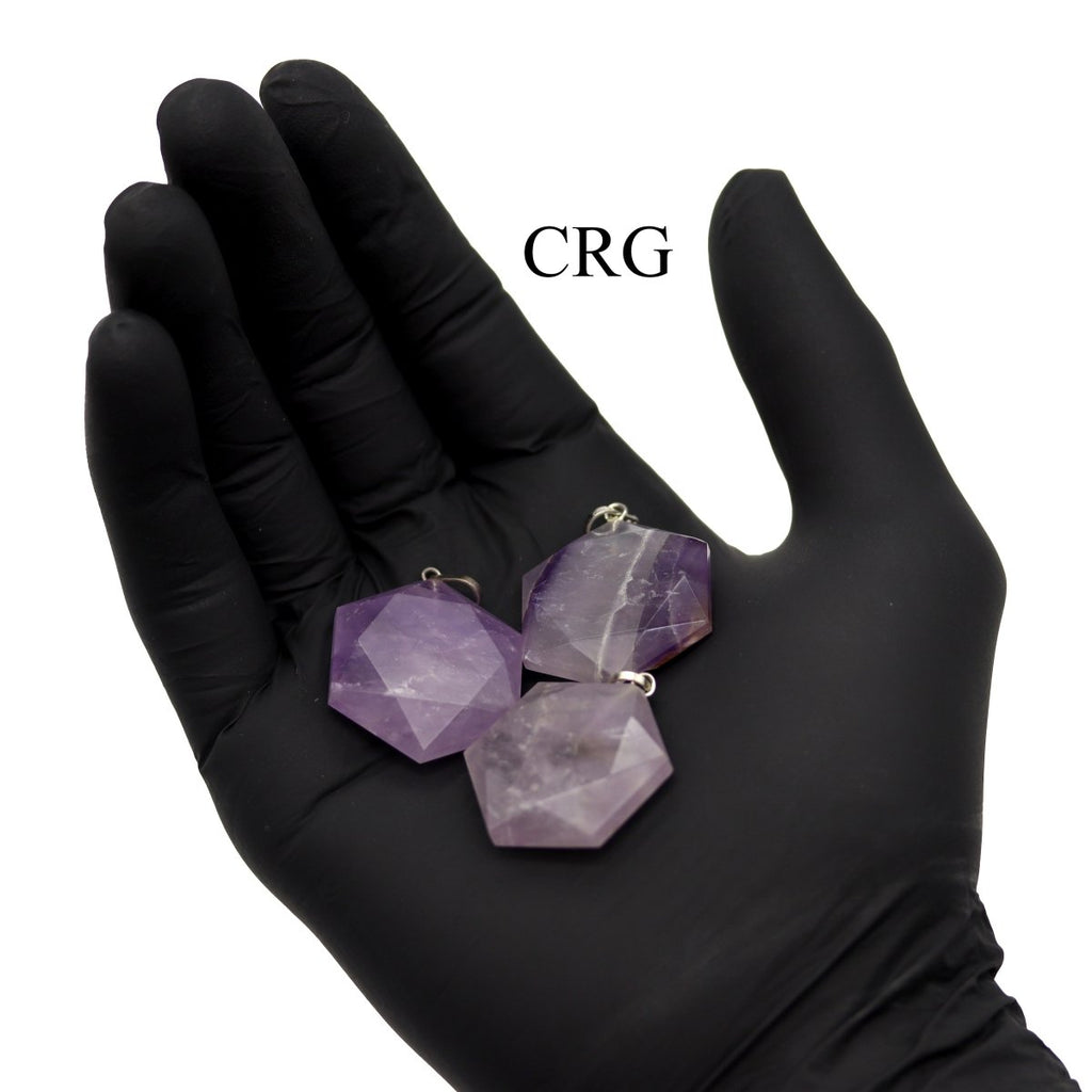 SET OF 4 - Amethyst Faceted Hexagon Pendant with Silver Bail / 1" AVG (INJD)
