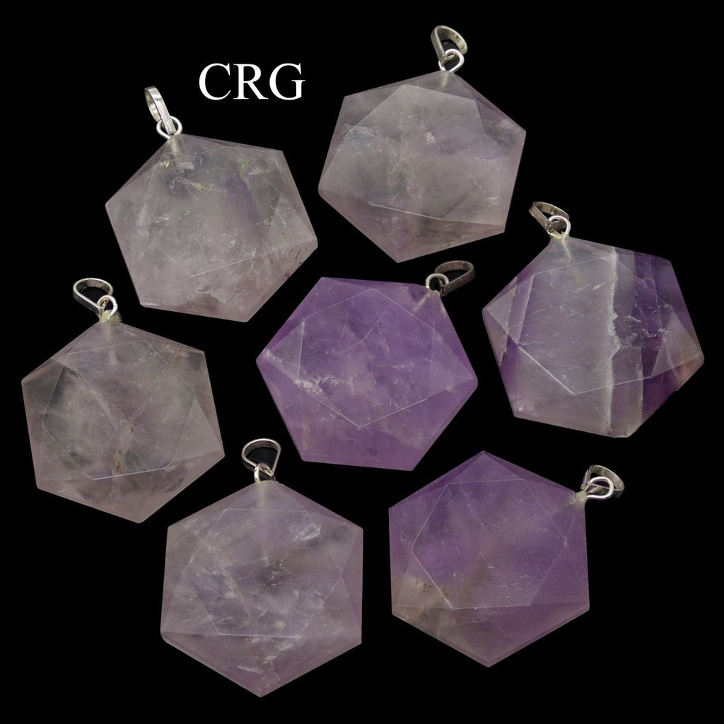 SET OF 4 - Amethyst Faceted Hexagon Pendant with Silver Bail / 1" AVG (INJD)