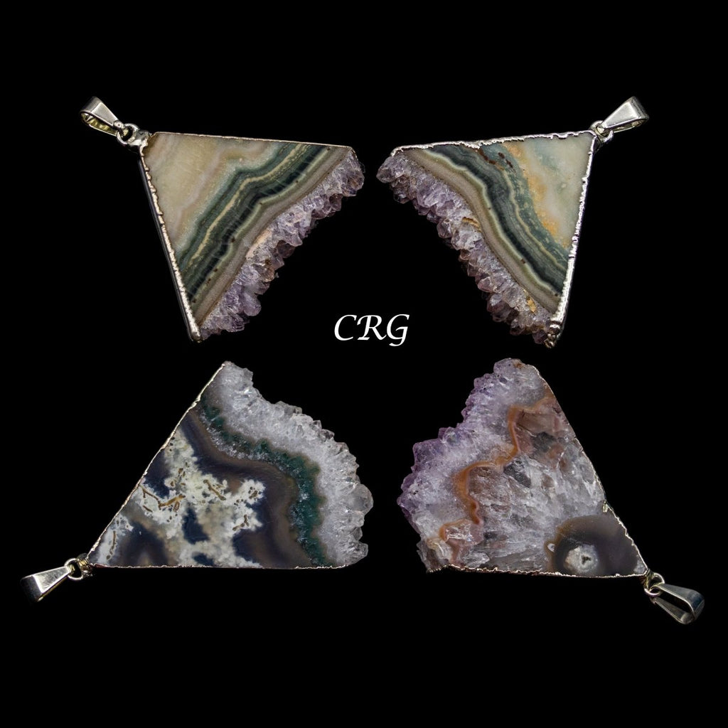 SET OF 4 - Amethyst Triangle Slice Pendant w/ Silver Plating / 40-50mm AVG