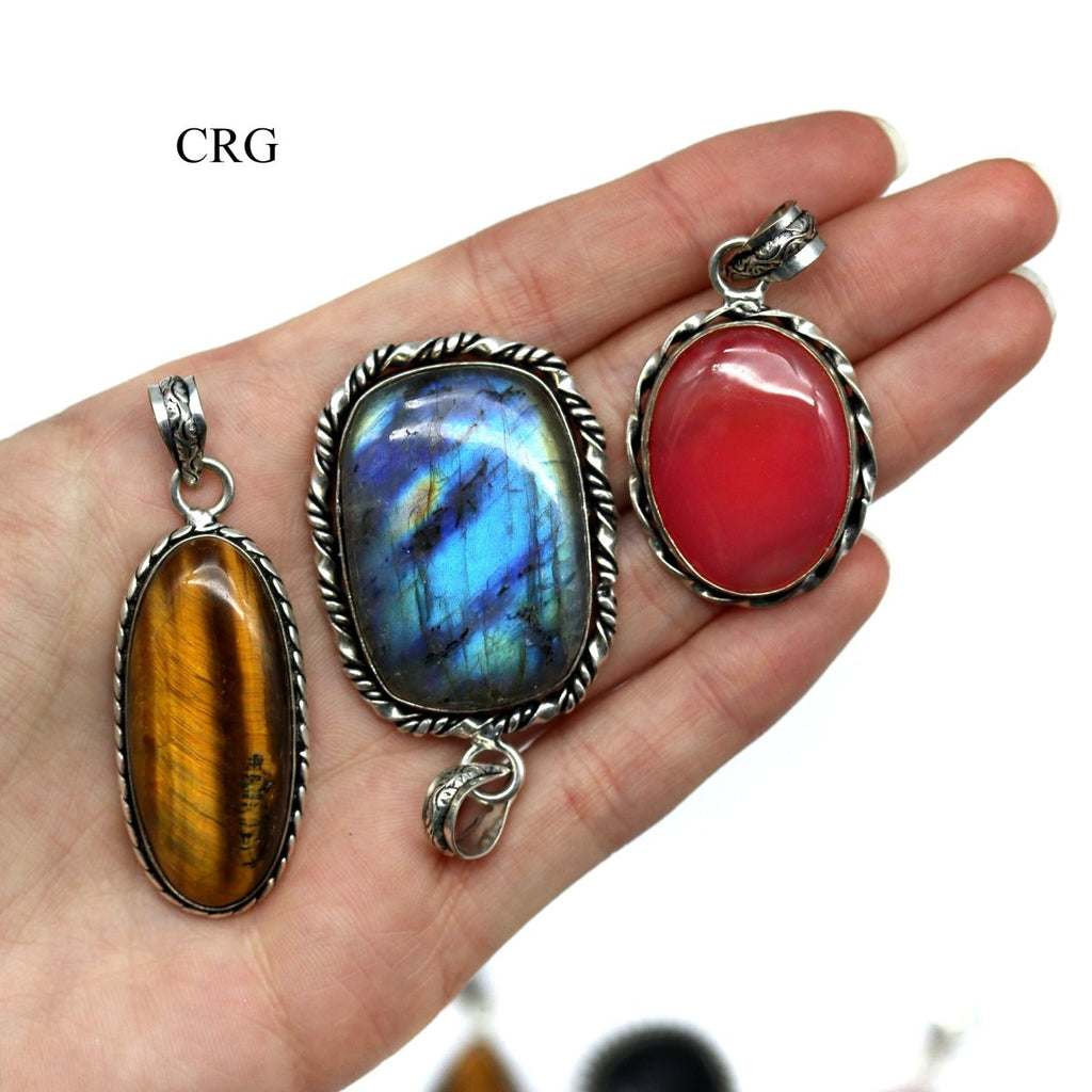 SET OF 4 - Assorted Gemstone Cabochon Pendants with Silver Plating / 1-1.5” AVG