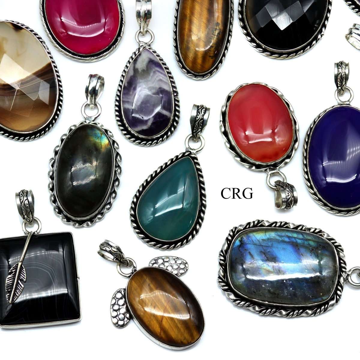 SET OF 4 - Assorted Gemstone Cabochon Pendants with Silver Plating / 1-1.5” AVG