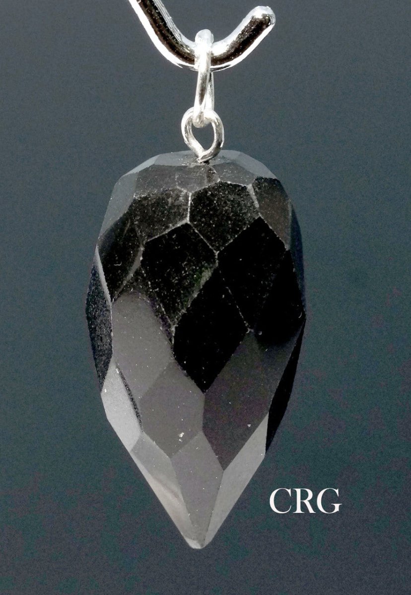 SET OF 4 - Black Tourmaline Faceted Drop Pendant with Silver Bail / 1" AVG
