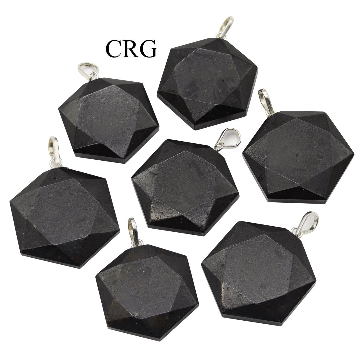 SET OF 4 - Black Tourmaline Faceted Hexagon Pendant with Silver Bail / 1" AVG