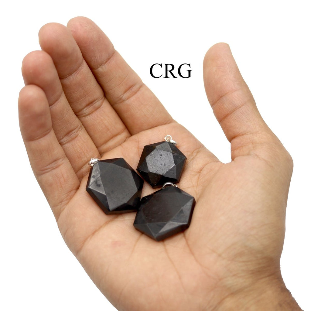 SET OF 4 - Black Tourmaline Faceted Hexagon Pendant with Silver Bail / 1" AVG