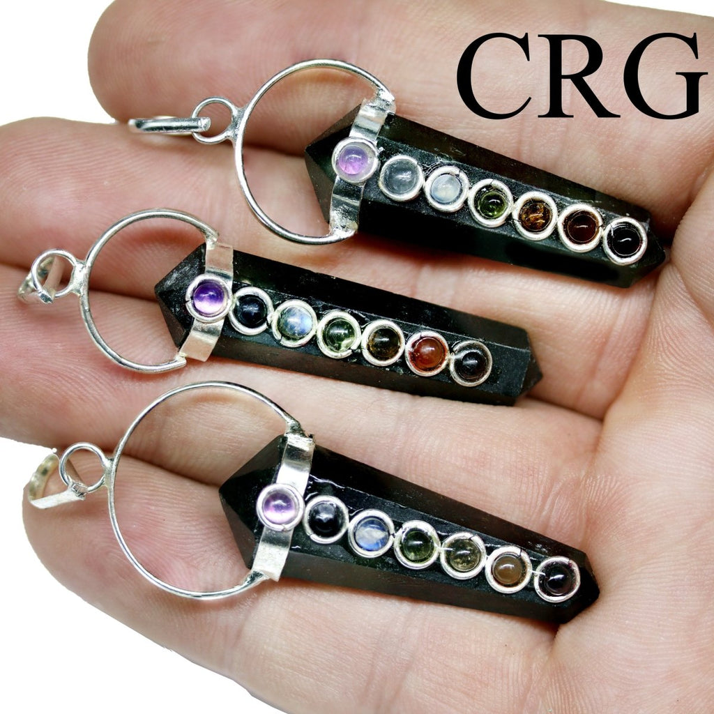 SET OF 4 - Black Tourmaline Pencil Point Pendant with 7 Stone Overlay / 1.5" AVG
