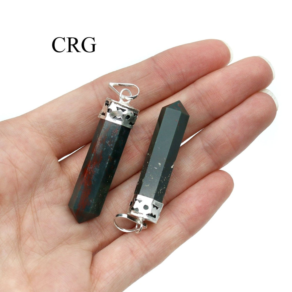 SET OF 4 - Bloodstone Pencil Point Pendant with Silver Cap / 1" AVG