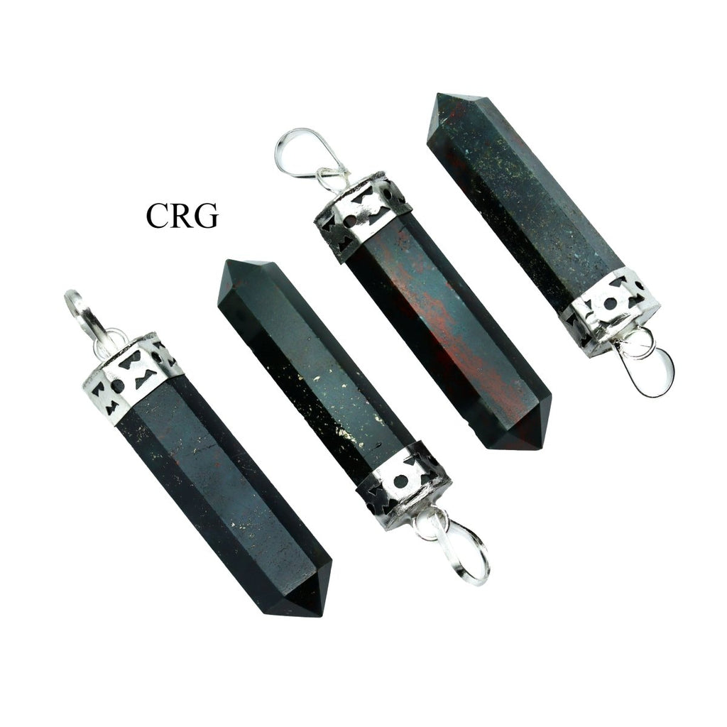 SET OF 4 - Bloodstone Pencil Point Pendant with Silver Cap / 1" AVG