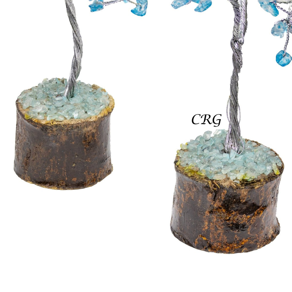 SET OF 4 - Blue Topaz Inspired / 100 Chip Tree w/ Wood Base / Silver Wire
