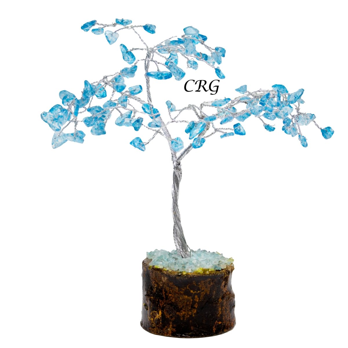 SET OF 4 - Blue Topaz Inspired / 100 Chip Tree w/ Wood Base / Silver Wire