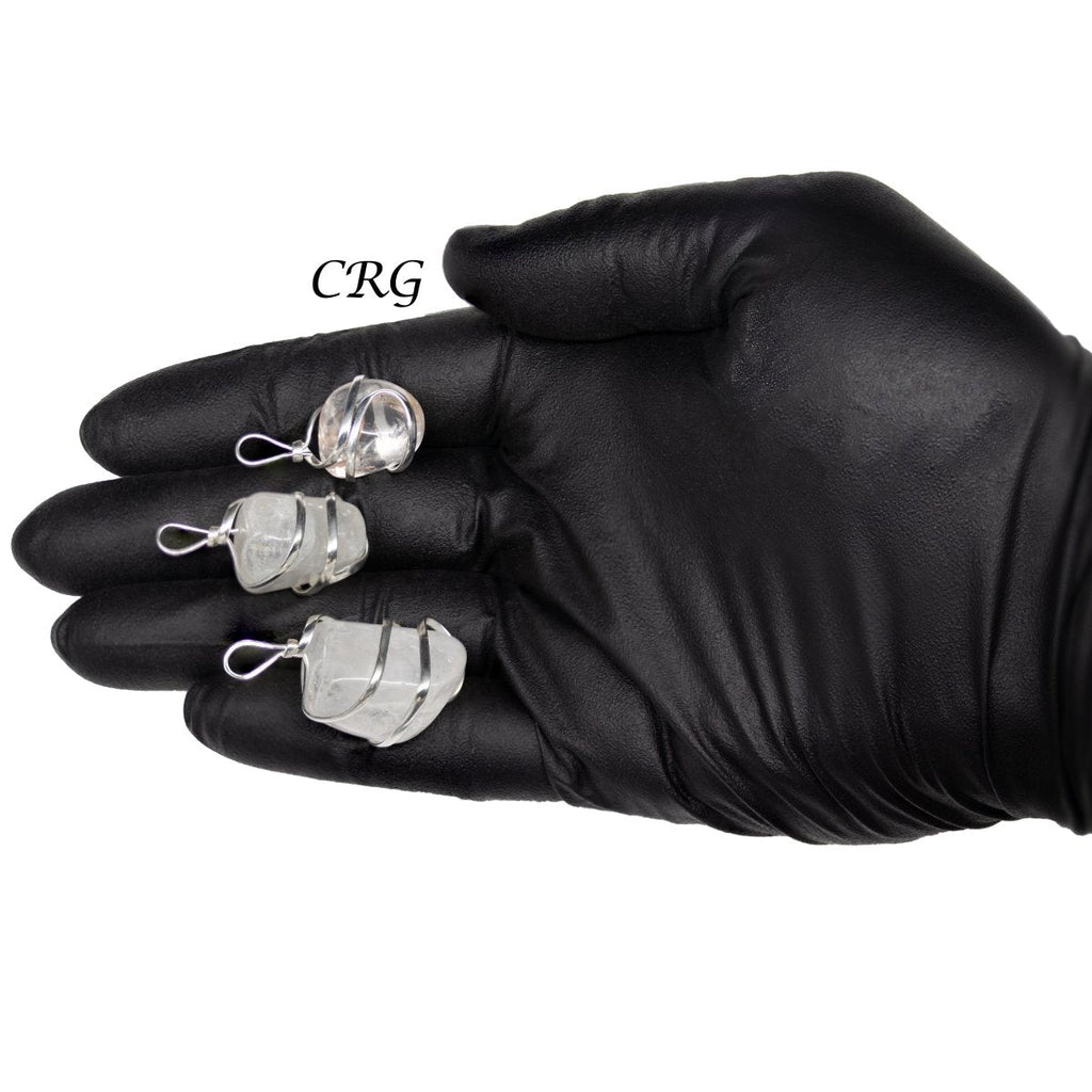 SET OF 4 - Clear Quartz Tumble Pendant w/ Silver Wire Wrapping