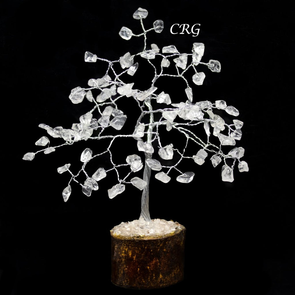 Crystal Quartz 100 Gemstone Chip Tree w/ Wood Base - Silver Wire - SET OF 4