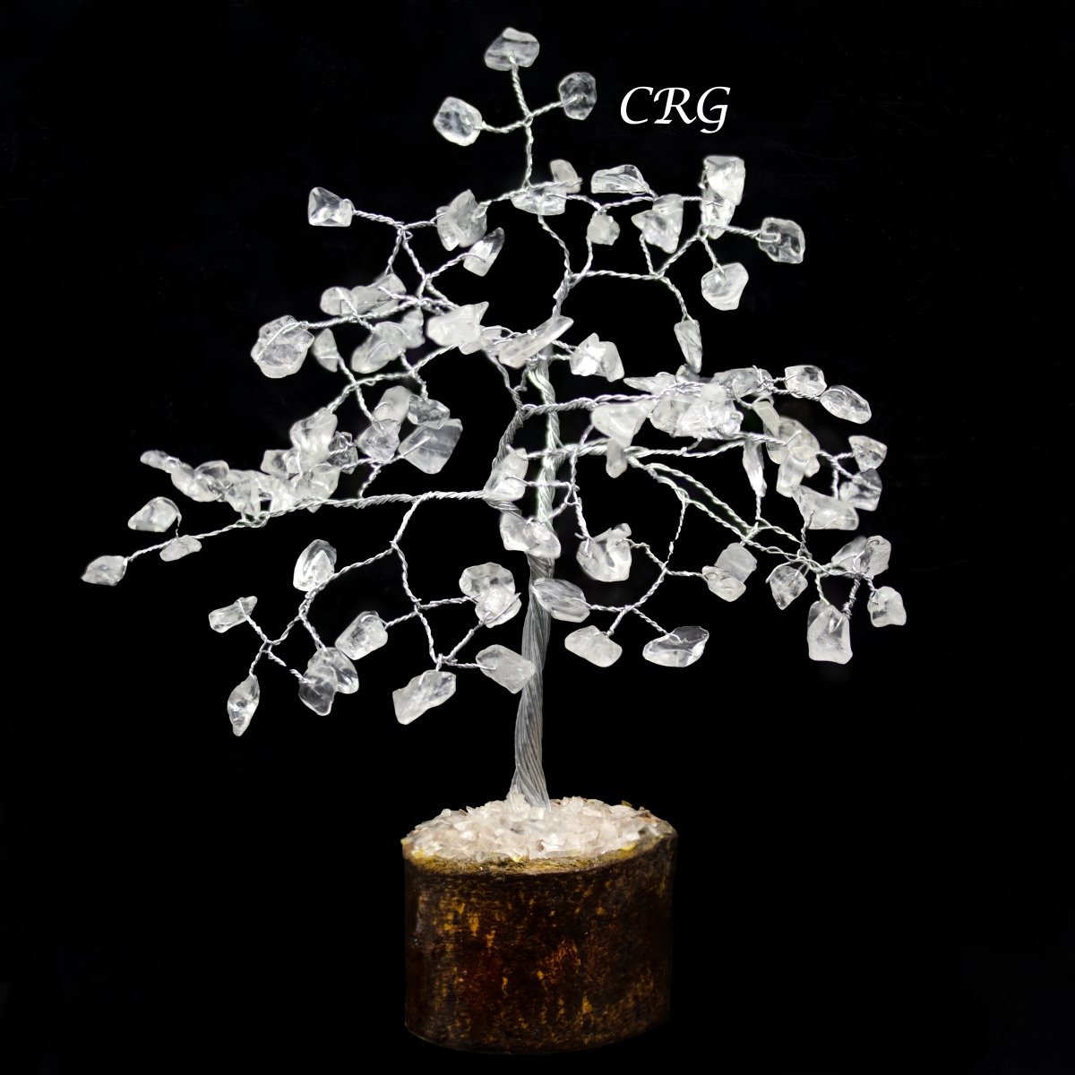 Crystal Quartz 100 Gemstone Chip Tree w/ Wood Base - Silver Wire - SET OF 4