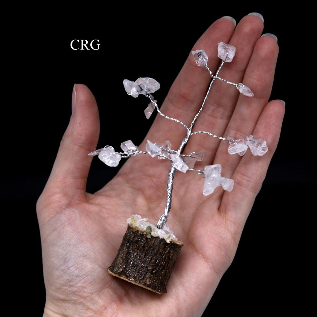 SET OF 4 - Crystal Quartz Gemstone Chip Tree on Wood Base / 3-4" AVG