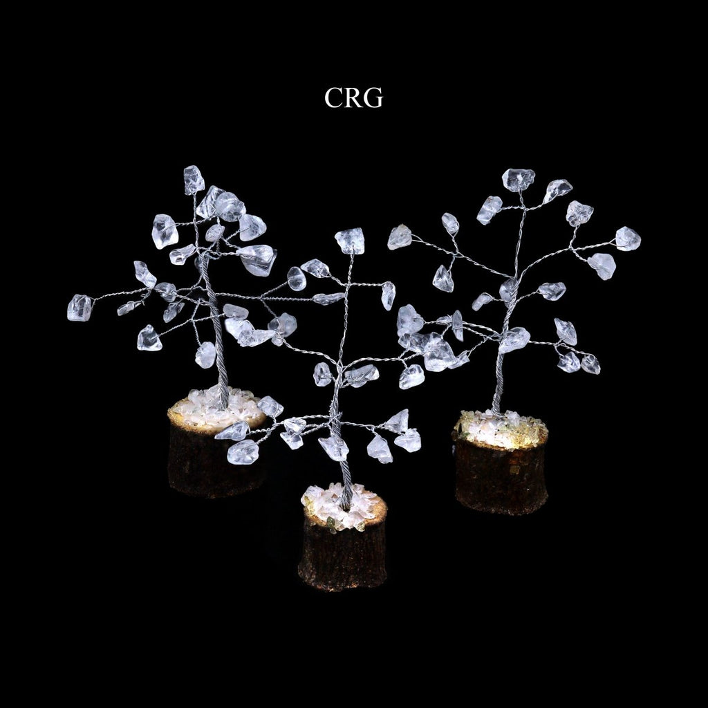 SET OF 4 - Crystal Quartz Gemstone Chip Tree on Wood Base / 3-4" AVG