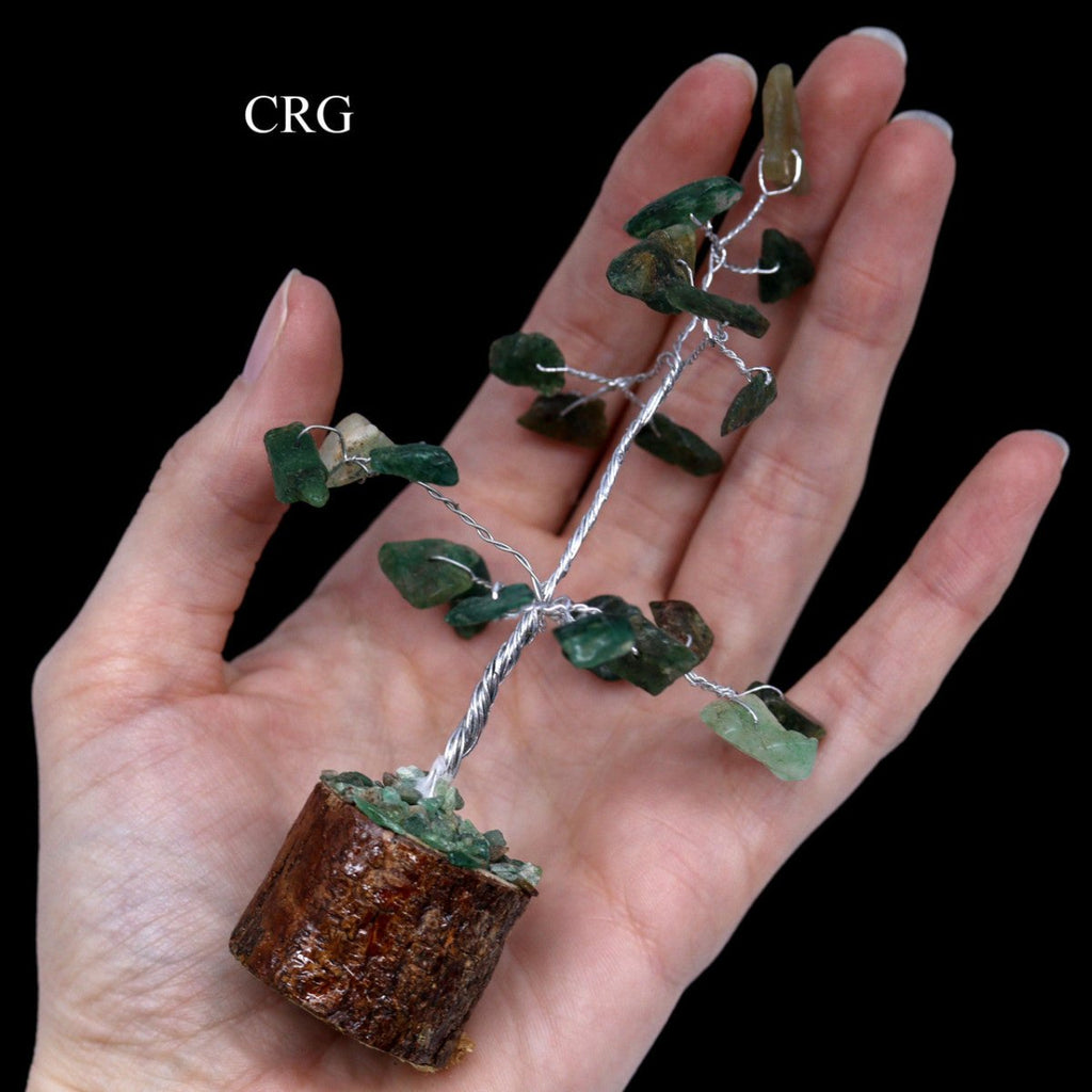 SET OF 4 - Dark Green Aventurine Gemstone Chip Tree on Wood Base / 3-4" AVG
