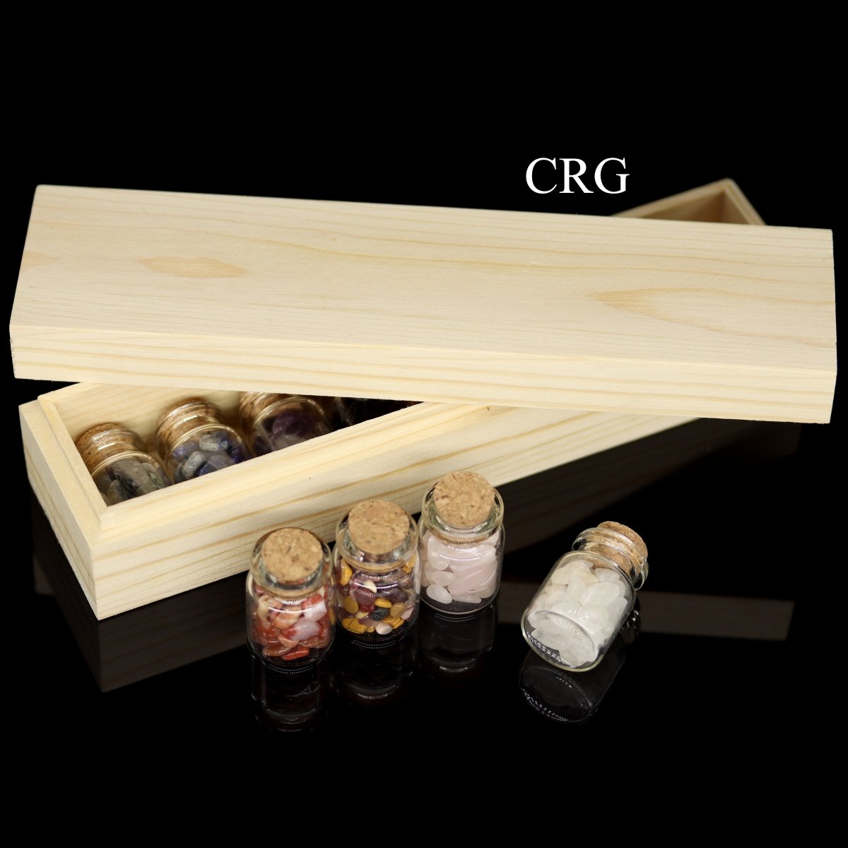 SET OF 4 - Gemstone Chip Bottle Set in Wood Box / 1" AVG