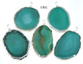 SET OF 4 - Green Agate Slice Pendant with Silver Plating / 1-2" AVG