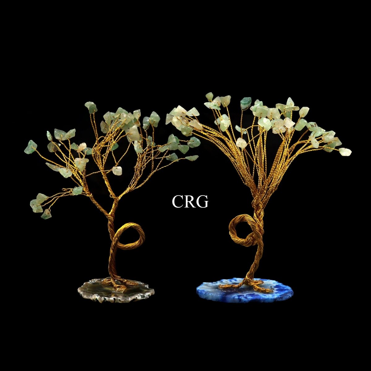 SET OF 4 - Green Aventurine Gemstone Chip Tree with Agate Slice Base and Gold Wire / 7-8" AVG