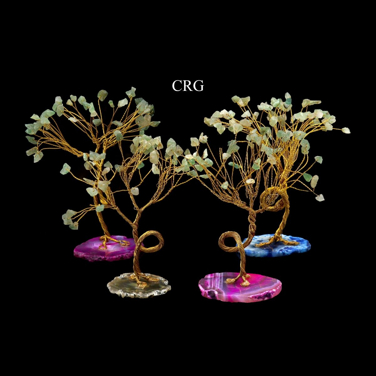 SET OF 4 - Green Aventurine Gemstone Chip Tree with Agate Slice Base and Gold Wire / 7-8" AVG