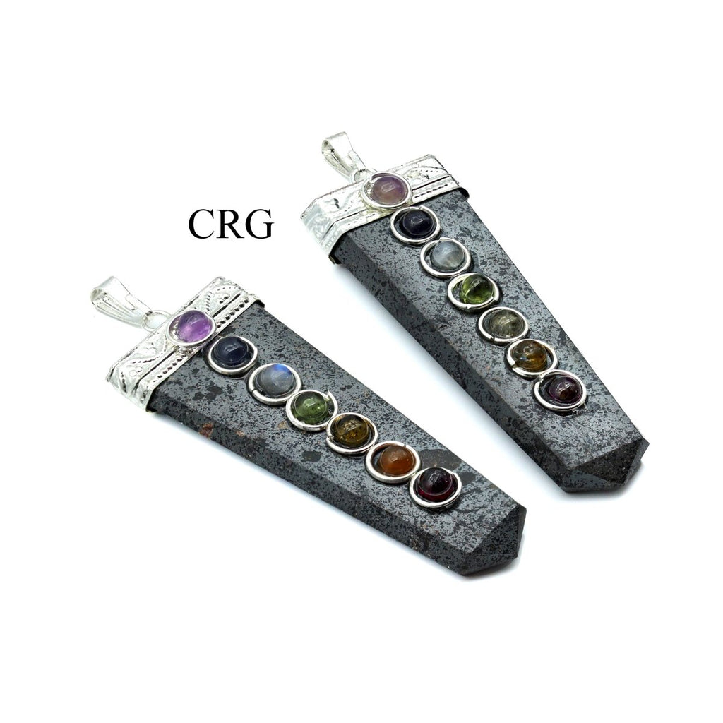 SET OF 4 - Hematite Flat Point Pendants with 7 Stone Overlay / 2" AVG