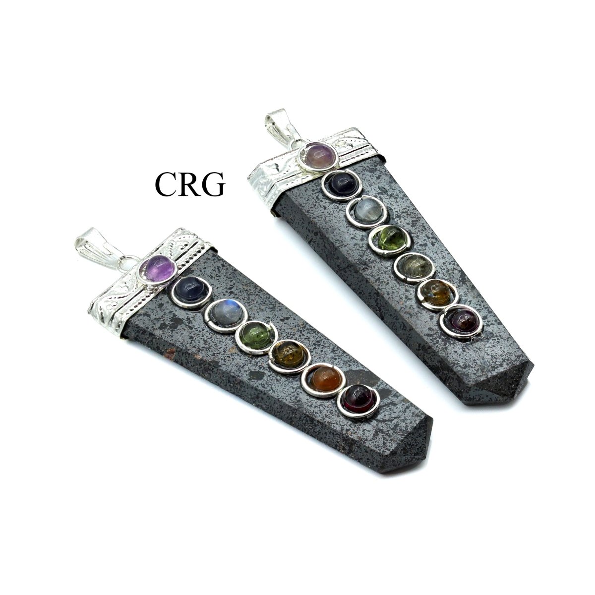 SET OF 4 - Hematite Flat Point Pendants with 7 Stone Overlay / 2" AVG