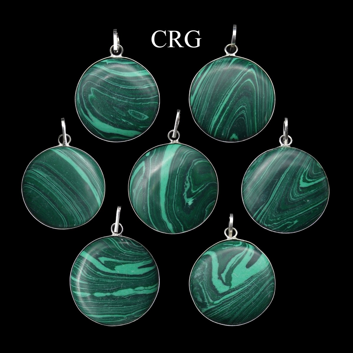 Malachite-like Silver Plated Round Cabochon Pendant - 1" - Set of 4