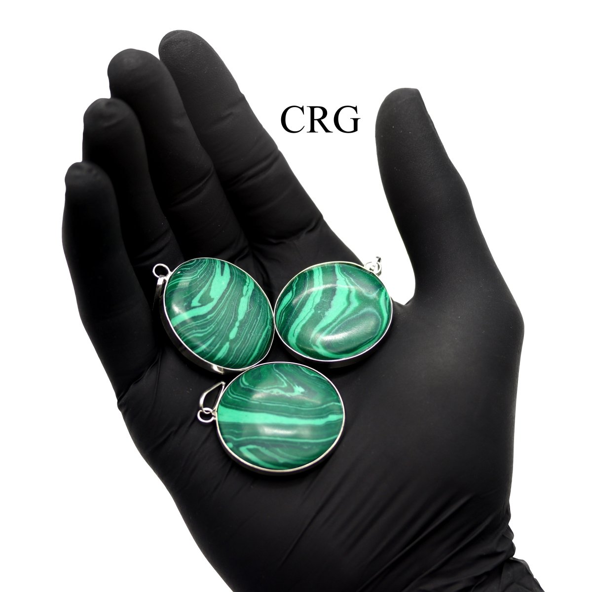 Malachite-like Silver Plated Round Cabochon Pendant - 1" - Set of 4