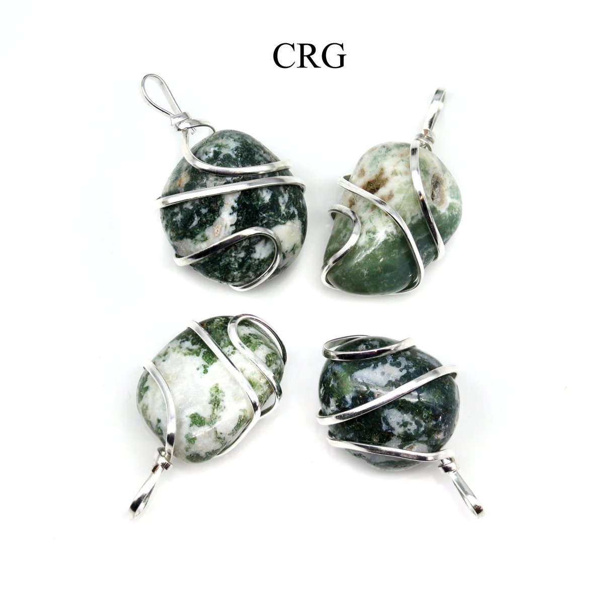SET OF 4 - Mixed Tumbled Tree & Moss Agate Pendants with Silver Wire / 1" AVG