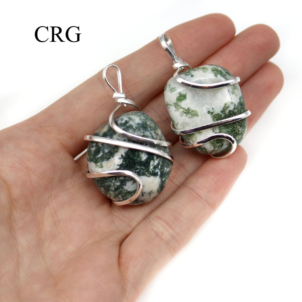 SET OF 4 - Mixed Tumbled Tree & Moss Agate Pendants with Silver Wire / 1" AVG