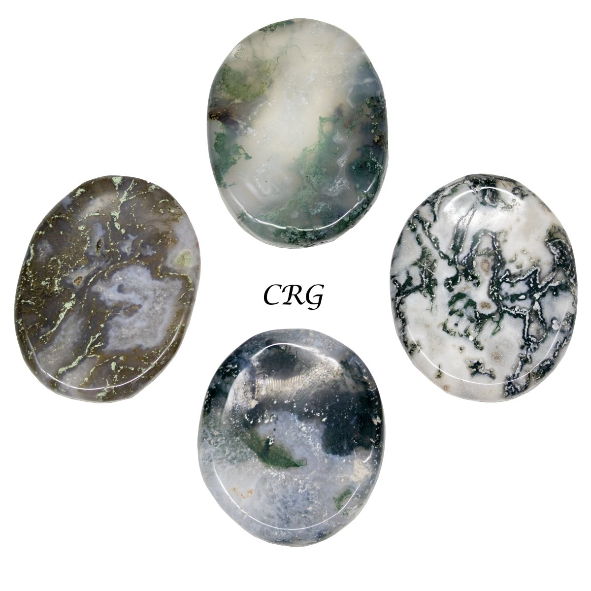 SET OF 4 - Moss Agate Worry Stones w/ Thumb Indent / 1" Avg