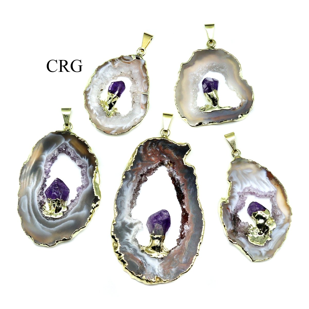 SET OF 4 - Oco Geode Slice Pendant with Amethyst and Gold Plating / 1-2" AVG