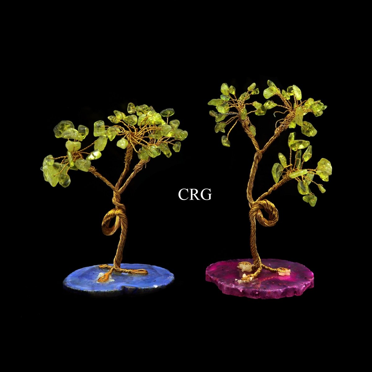 SET OF 4 - Peridot Gemstone Chip Tree with Agate Slice Base and Gold Wire / 7-8" AVG