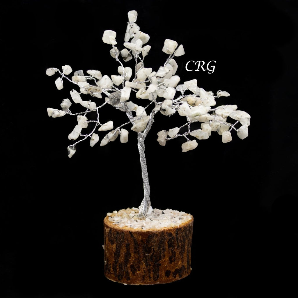 SET OF 4 -Rainbow Moonstone - 100 Gemstone Chip Tree w/ Wood Base - Silver Wire