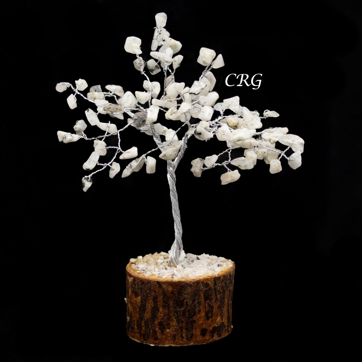 SET OF 4 -Rainbow Moonstone - 100 Gemstone Chip Tree w/ Wood Base - Silver Wire