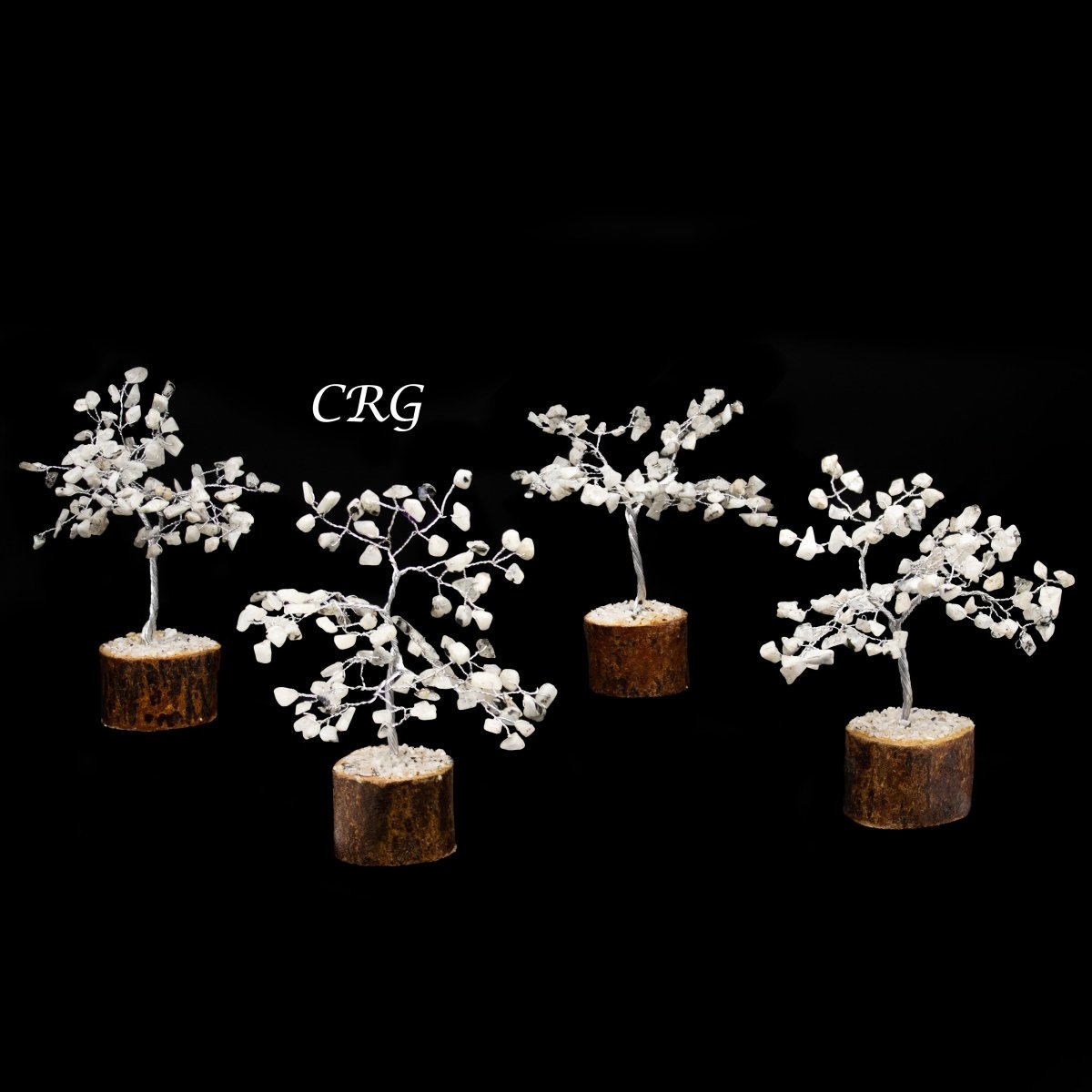 SET OF 4 -Rainbow Moonstone - 100 Gemstone Chip Tree w/ Wood Base - Silver Wire