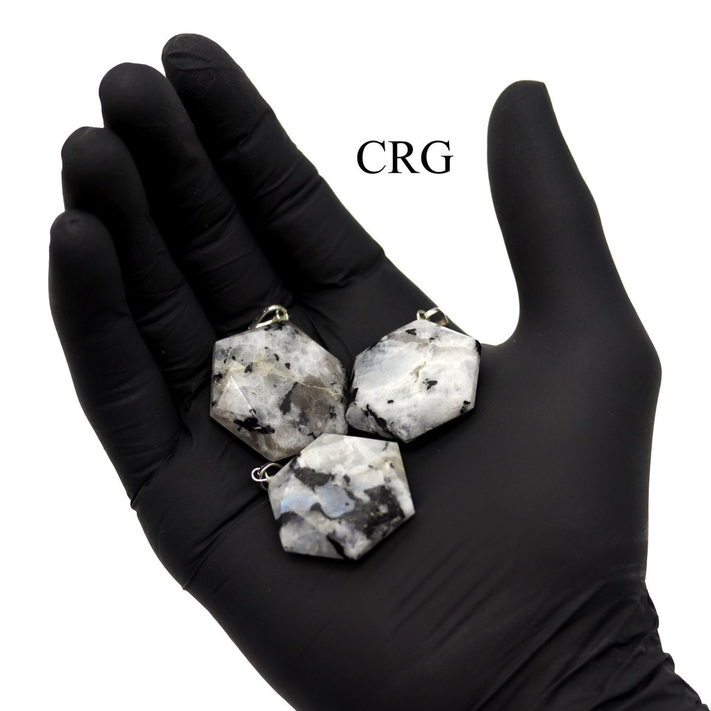 SET OF 4 - Rainbow Moonstone Faceted Hexagon Pendant with Silver Bail / 1" AVG