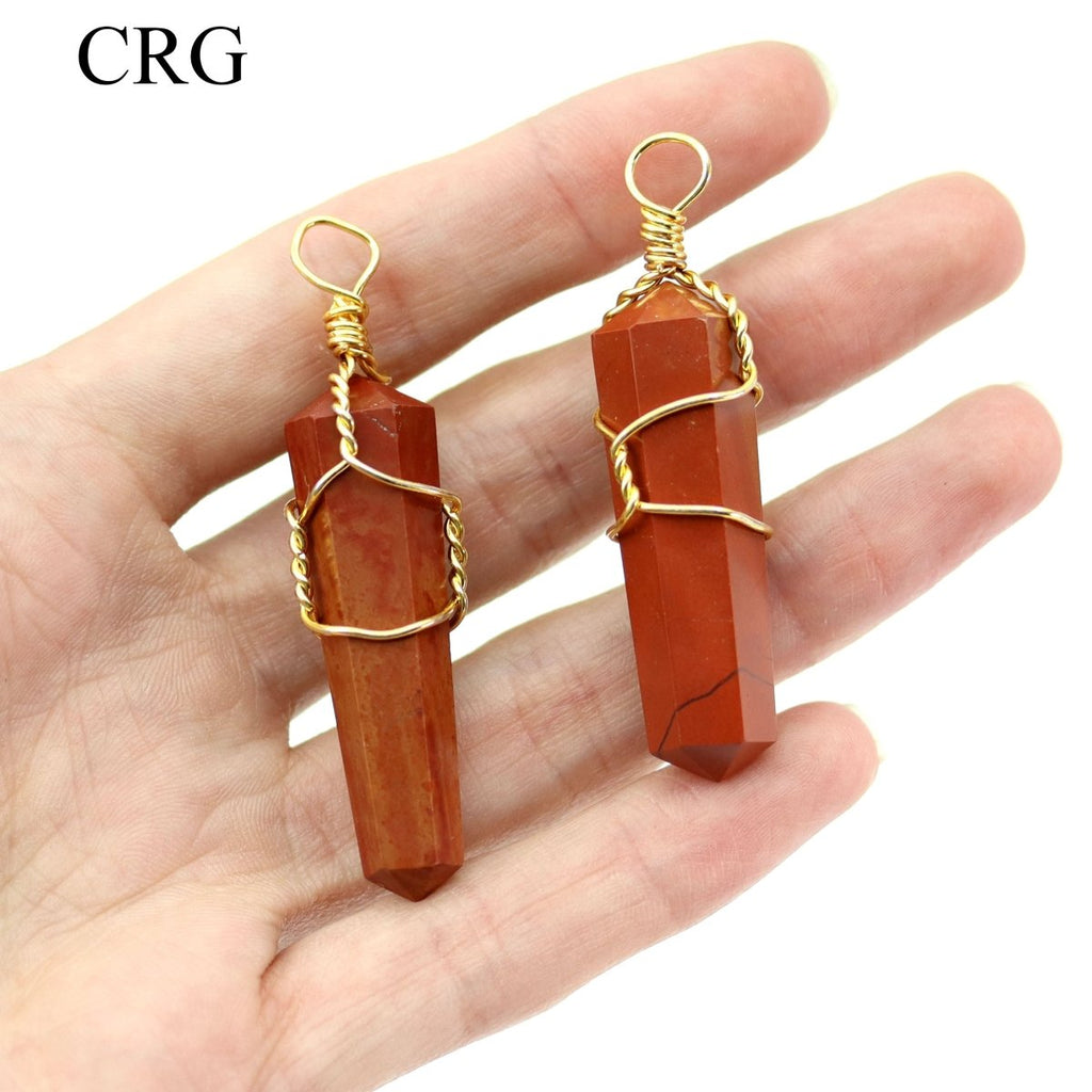 SET OF 4 - Red Jasper Double Terminated Point Pendant with Gold Wire / 1" AVG