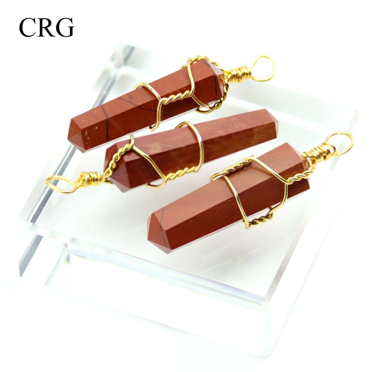 SET OF 4 - Red Jasper Double Terminated Point Pendant with Gold Wire / 1" AVG