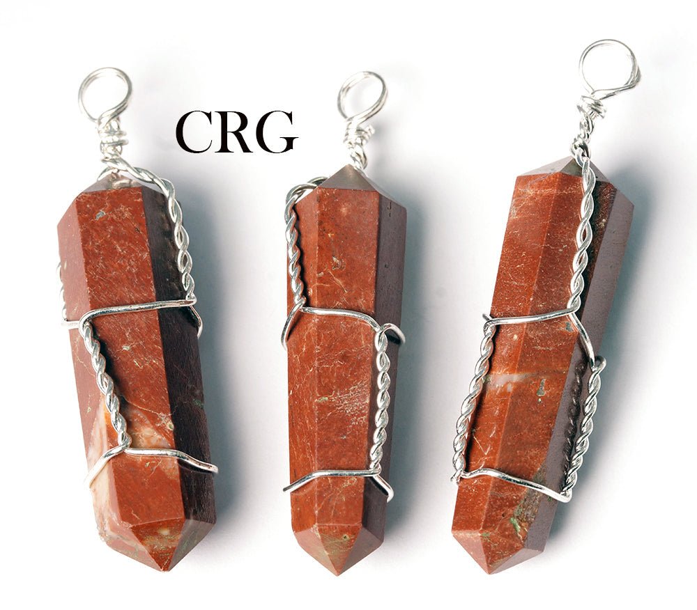 SET OF 4 - Red Jasper Silver Wire Wrapped Double Term. Point Pendant / 1" Avg