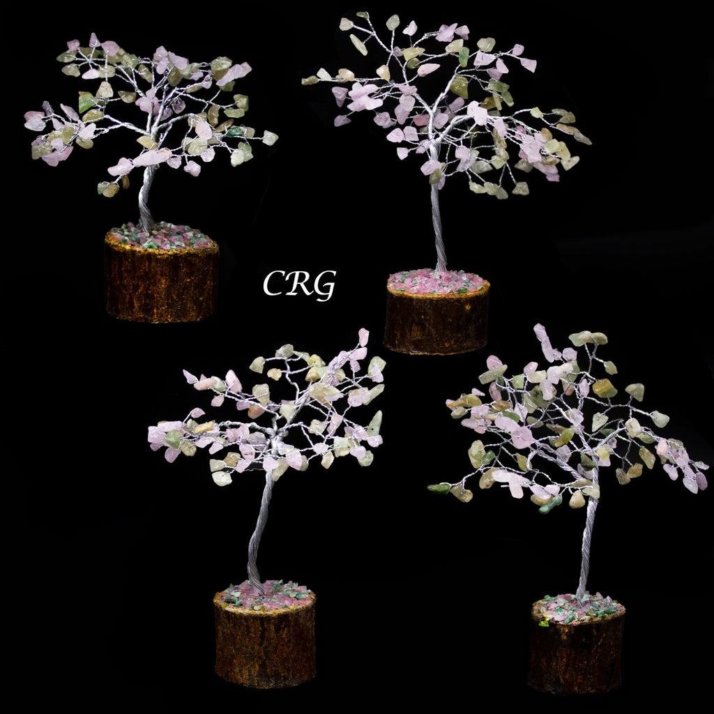 SET OF 4 -Rose/Green Quartz - 100 Gemstone Chip Tree w/ Wood Base - Silver Wire